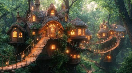 Obraz premium Lush forest setting with enchanting treetop homes.