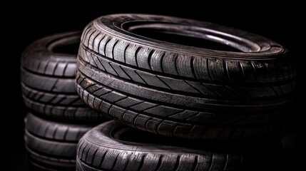 A stack of black car tires with detailed tread patterns, placed against a dark background.