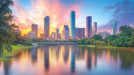 Obraz premium Vibrant city skyline at sunset, reflecting in a calm waterway. Lush green trees and parks line the water's edge, showcasing a harmonious blend of urban and natural beauty