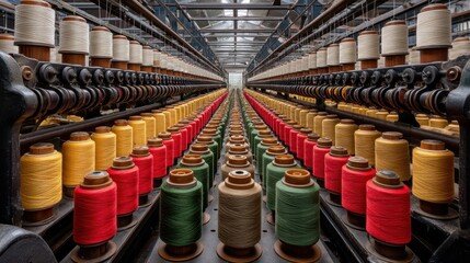 Industrial textile machine with colorful thread spools.
