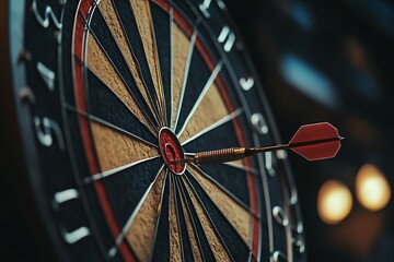 Bulls Eye Dartboard with Red Dart Hitting the Center Target in a Game of Skill