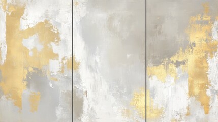 Three-panel abstract painting with gold accents.