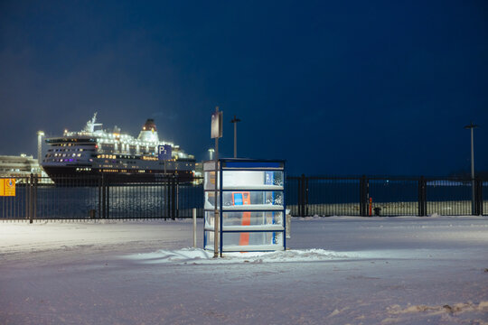Snow-Covered Parking Ticket Booth Near Ferry Terminal