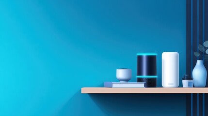 Modern home interior showcasing smart devices on a shelf against a vibrant blue wall