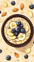 Cereal Bowl with Banana Slices, Fresh Blueberries, Seeds and Almonds, Top View