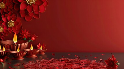 Diwali Candle and Lotus on Red Background