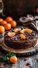 Chocolate Brown Cake Topped with Mandarin Slices on Wooden Plate, Citrus Fruits