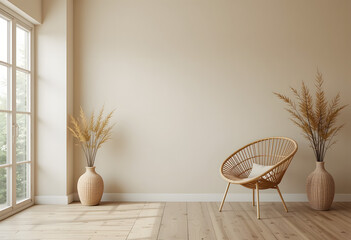 Minimalist cozy living room with natural light and wicker chair