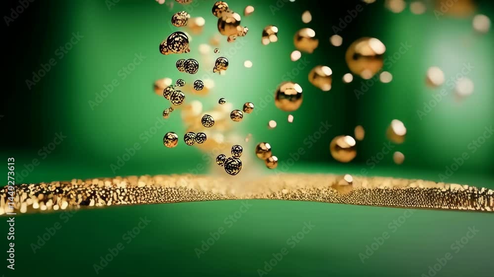 Poster golden spheres floating above a layer of particles on a green background, creating an elegant, abstr