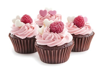 Chocolate Cupcakes Topped with Pink Frosting, Raspberry, and Heart Candies on White