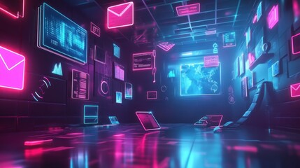 Futuristic digital workspace filled with glowing data displays, emails, and various digital indicators