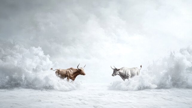 Bulls Facing Off in Ocean Wave Battle bulls stock market finance investing conflict confrontation