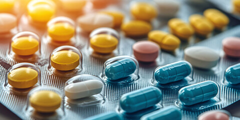 A close-up shot of various pills and capsules in a blister pack,