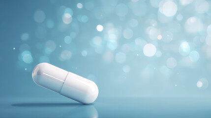 Sleek white capsule on minimalist blue background symbolizing pharmaceutical innovation for weight management, modern healthcare and medical treatment concept.