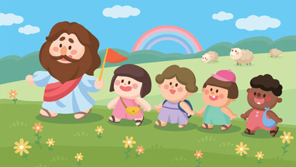 Cartoon Jesus walking with smiling children in a flower field Cute Christian Illustration for Sunday school and kids ministry
