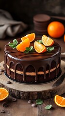 Chocolate Drip Cake Topped with Orange Slices and Mint Leaves on Wood Slice