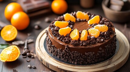 Chocolate frosted cake decorated with orange segments on a wooden serving plate