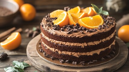 Chocolate Layer Cake Topped with Orange Slices and Chocolate Shavings on Wood Surface