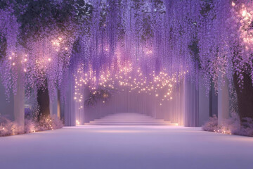 Serene and enchanting scene featuring pathway adorned with purple wisteria flowers and soft