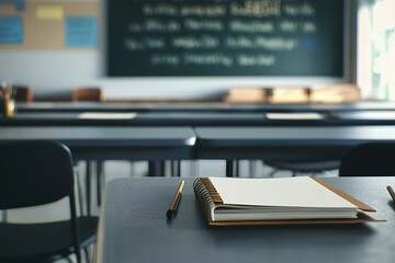 Classroom Interior with Notebook and Pen on Desk in Focus with Blurred Rows