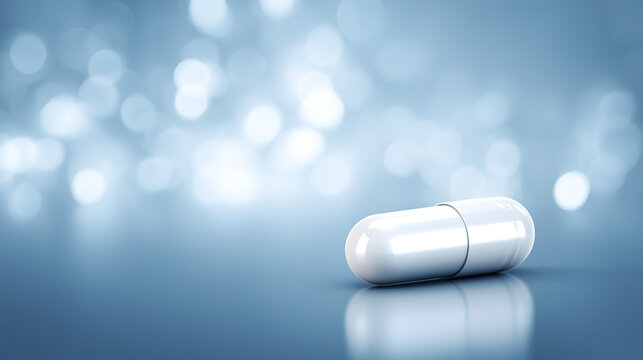 Sleek white capsule on minimalist blue background symbolizing pharmaceutical innovation for weight management, modern healthcare and medical treatment concept.