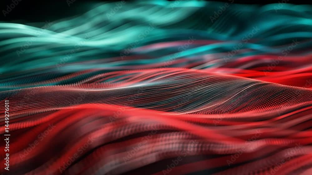Poster dynamic abstract waves vibrant red and teal colors create smooth visual movement and energy, evoking