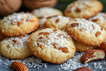 Close Up Coconut Almond Cookies Stacked On Table With Almonds And Coconut Flakes