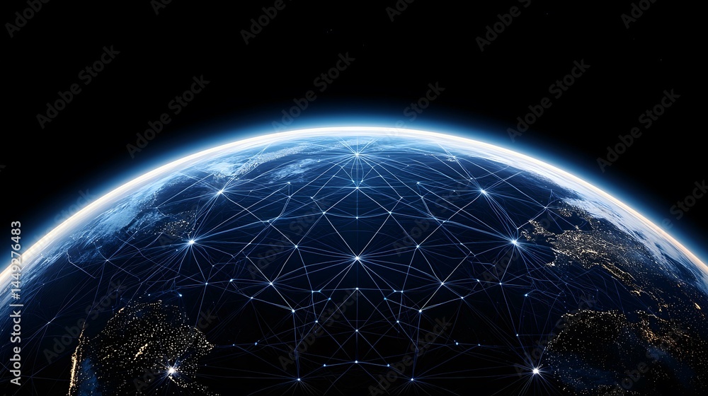 Aufkleber the image shows a representation of the earth at night, overlaid with a complex network of glowing l