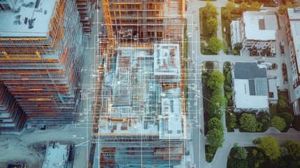 Aerial view of a construction site overlaid with architectural plans.  Modern buildings under development