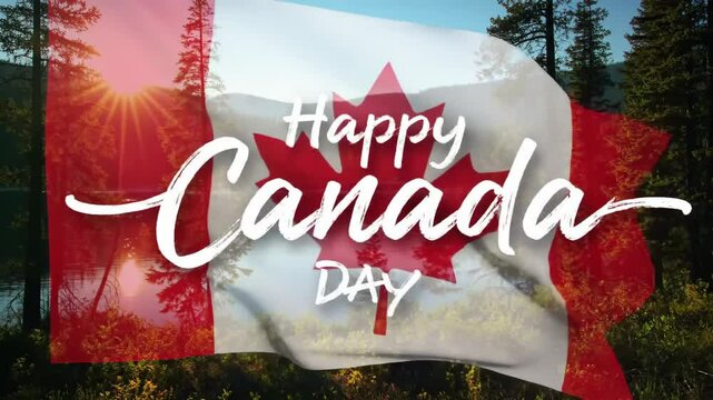 Happy Canada Day animation with waving Canadian flag over scenic nature background. Patriotic national holiday greeting with sunrise over forest lake. July 1st celebration motion graphics video