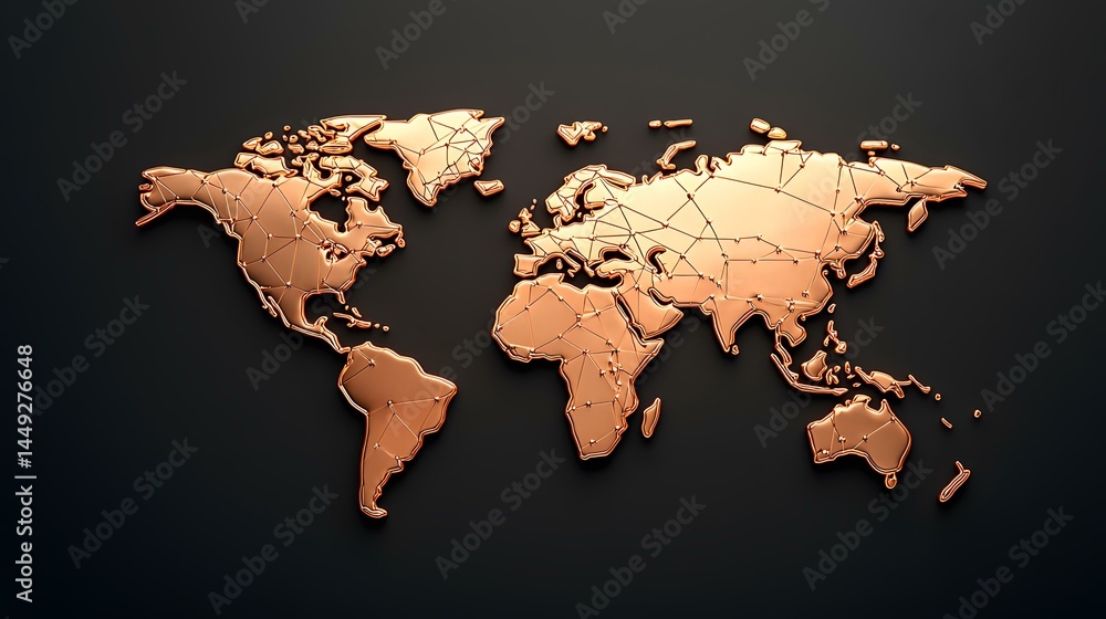 Poster a copper-colored, three-dimensional world map with a wireframe design sits against a dark background