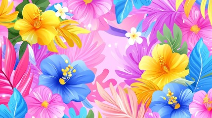 Vibrant Tropical Flower and Leaf Pattern