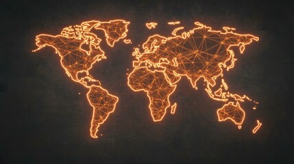 The image shows a glowing orange outline of a world map on a dark background.  The outline is composed of interconnected nodes, suggesting a network or connections between different parts of the worl