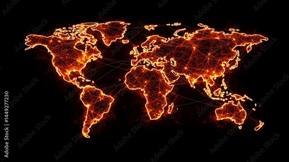 Poster the image contains a fiery orange and red depiction of the world map, with glowing lines connecting 
