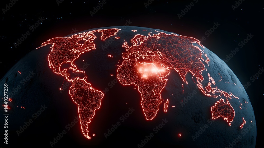 Poster a dark, three-dimensional model of earth is shown with glowing red lines connecting points across it