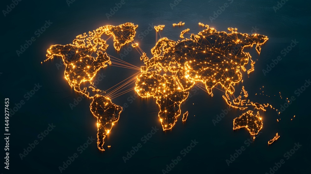 Poster the image shows a glowing, interconnected world map. a network of lines and nodes of light represent