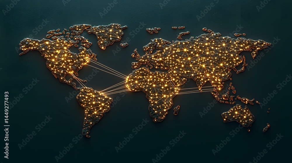 Poster a stylized, illuminated world map showcasing interconnected nodes and lines, representing global net