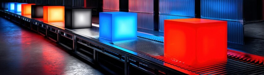 Obraz premium Glowing colored cubes are placed on a conveyor belt in an industrial, modern setting with metallic textures.