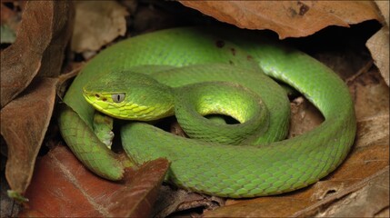Fototapeta premium Emerald Pit Viper Coiled in Leaf Litter