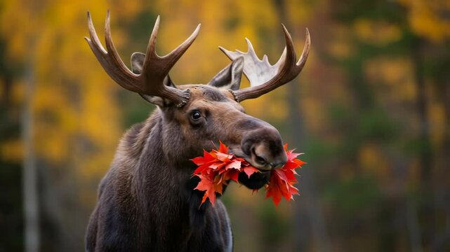 Majestic bull moose with antlers holding red maple leaves in mouth during autumn season. Close up video of Canadian wildlife symbol in colorful fall forest video.