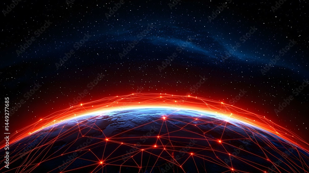 Poster the image shows a stylized earth viewed from space, enveloped in a glowing network of interconnected