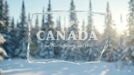 Canada map ice block sculpture with " Canada True North Strong and Free" slogan text in winter snow forest intro video. - Powered by Adobe
