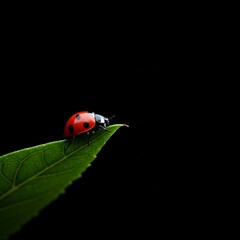 Fototapeta premium red ladybug on green leaf isolated against black background