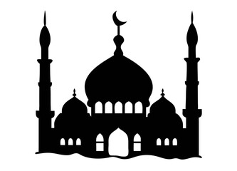 Silhouette of a Mosque with Domes and Crescent Symbols, Flanked by Minarets – Symmetrical Islamic Architecture