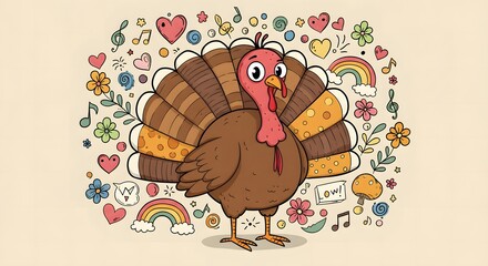 Obraz premium Cute Cartoon Turkey with Doodle Decorations Illustration for Thanksgiving