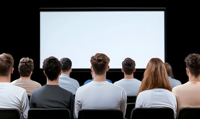 Audience Watching Presentation on Blank Screen in Dark Room