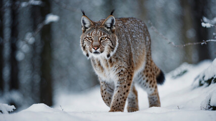 A majestic lynx walks towards the viewer through a snow-covered, frosted winter forest setting.