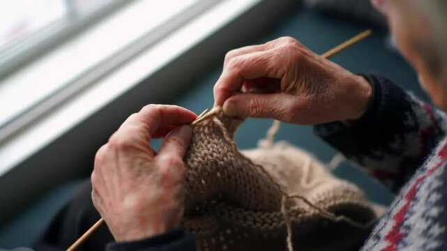 Close up elderly hands knitting beige yarn. Senior woman enjoying craft hobby. Detailed view of traditional needlework skill. Calm and focused retirement activity.
