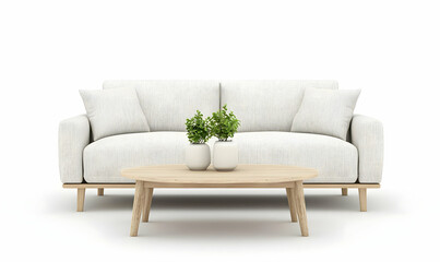 Naklejka premium Modern White Couch and Wooden Coffee Table with Green Plants Decor