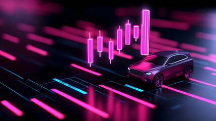 Futuristic Car with Graph on Digital Background and Neon Lights
